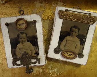 OOAK Altered Tin Type Photo Open and Close Plaques Signs Pair