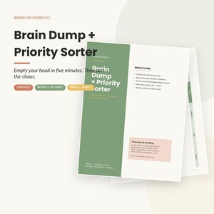 May include: A white planner with the text "Brain Dump + Priority Sorter" and "Empty your head in five minutes. Then sort the chaos." The planner includes sections for undated, weekly, or daily use, and print or tablet formats.