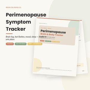 Peut inclure: Un document de suivi des symptômes de la périménopause par Brain on Paper Co. avec une mise en page beige et blanche, incluant le texte Perimenopause Brain & Body Tracker, Daily Tracker, Undated, Doctor-Ready et Print + Goodnotes.
