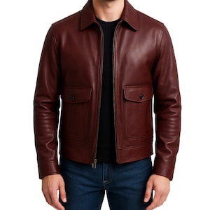 Handmade Maroon Leather Jacket for Men, Real Leather Jacket, Vintage Style Fall Outfit, Luxury Slim Fit Jacket,   Gifts For Him