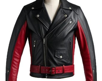 Chaqueta de motociclista de cuero estilo motociclista roja y negra hecha a mano para hombre