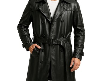 メンズ本革ダブルブレストトレンチコート - ベルト付きバイカー