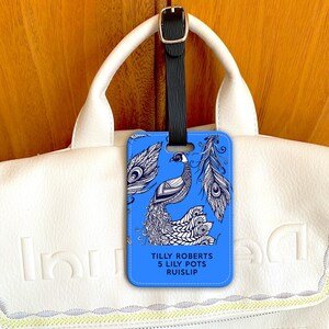 Royal Blue Peacock Luggage Tag, Personalised Luggage Tag, Travel Tag Gift For Her, Custom Luggage Tag, Suitcase Bag Tag Bon Voyage Gift