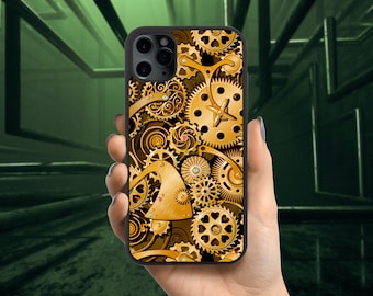 SteamPunk Gold iPhone Case, Victorian Industrial Punk Sci-fi iPhone Case for all iPhone Models 11, 12, 13, 14, 15, SE Pro, Pro Max, Plus