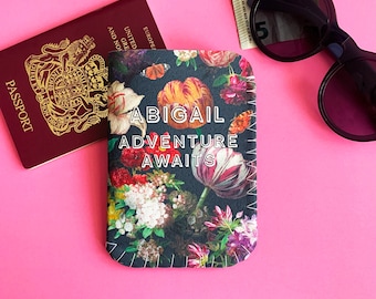 Personalised Passport Holder of Vintage Flowers, Travel Gift, Holiday Gift, Adventure Awaits Passport Case