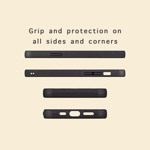 May include: Black phone cases with various designs are displayed against a light beige background. The text "Grip and protection on all sides and corners" is at the top. The cases have cutouts for the camera, buttons, and charging port.