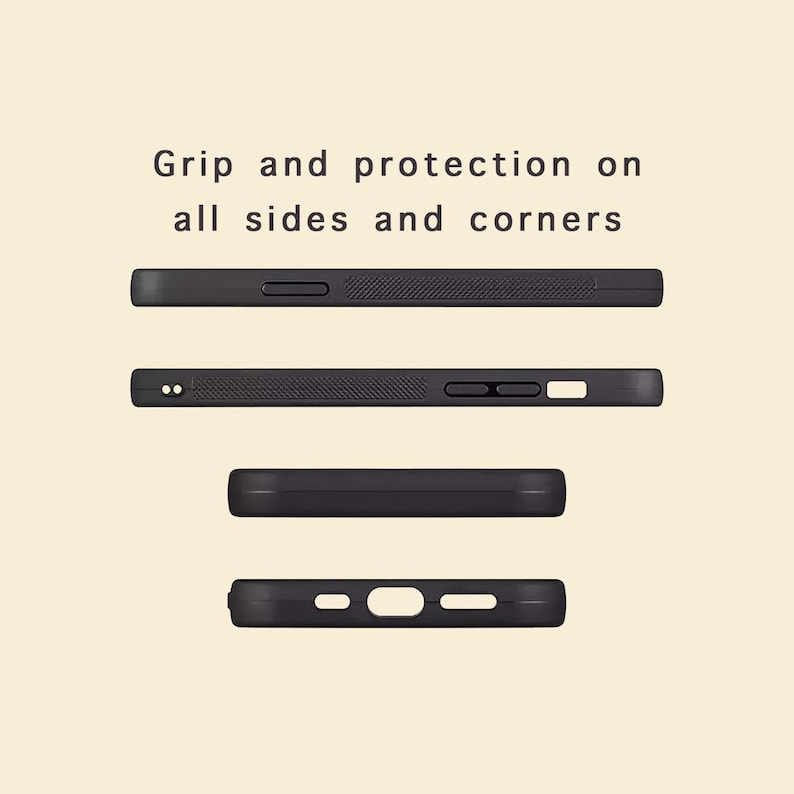 May include: Black phone cases with various designs are displayed against a light beige background. The text "Grip and protection on all sides and corners" is at the top. The cases have cutouts for the camera, buttons, and charging port.