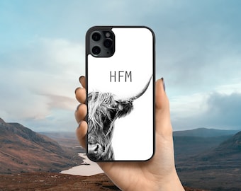 Personalised Highland Cow iPhone Case for iPhone 11, 12, 13, 14, 15, Plus, Pro, Pro Max, Black and White Cow, Scottish Highlands iPhone Case