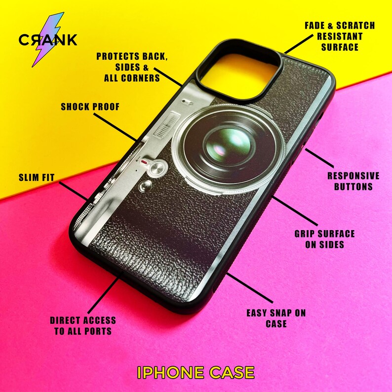 K&ouml;nnte beinhalten: Eine schwarze iPhone-H&uuml;lle mit einem Vintage-Kamera-Design. Die H&uuml;lle hat eine schlanke Passform und ist sto&szlig;fest. Sie verf&uuml;gt &uuml;ber eine griffige Oberfl&auml;che an den Seiten und reaktionsfreudige Tasten. Die H&uuml;lle bietet direkten Zugriff auf alle Anschl&uuml;sse und ist einfach anzubringen.