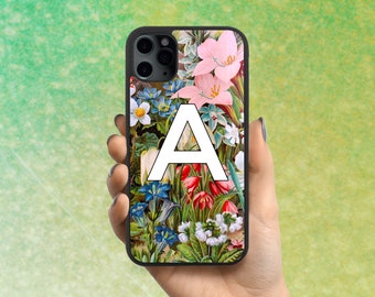 Personalised Vintage Flower iPhone Case, Botanical Flower iPhone Case, Bold Floral Print Design with Initial for iPhone 11, 12, 13, 14, 15