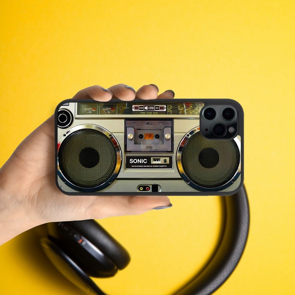 Cassette de musique rétro Boombox Étui pour iPhone pour iPhone 15, 14, 13, 12, 11, SE, cadeau personnalisé pour lui