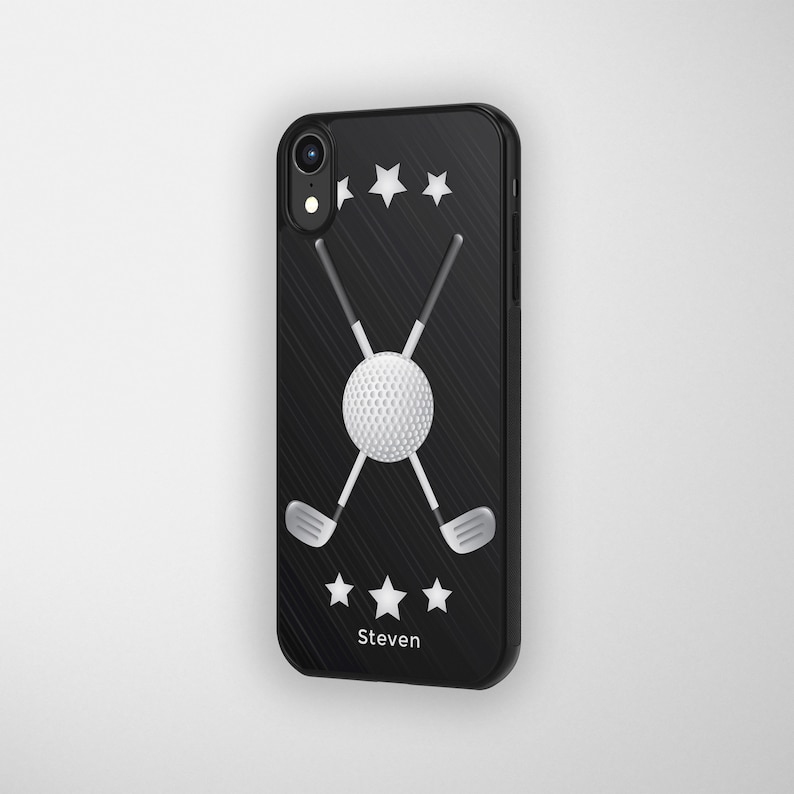 high-quality phone case made from polyurethane, and aluminium, print golf tools image and your chosen name on a black color background