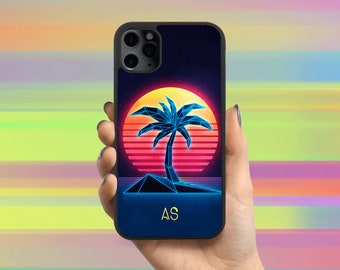 1980's Synth wave iPhone Case of Neon Sunset and Palm Tree for iPhone 11, 12, 13, 14, 15, Plus, Pro, Pro Max, Mini, Gift for Him