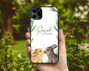 Personalised Bunny Rabbits Kissing iPhone Case for iPhone 11, 12, 13, 14, 15, SE, Pro, Plus, Pro Max, Mini, Spring Bunny Easter Gift