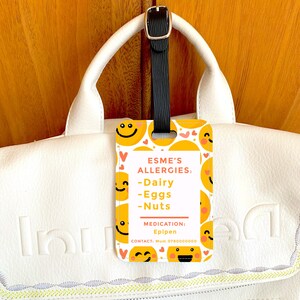 Personalised Food Allergy Tag / Food Allergy Label / Allergy Alert Travel Tag / Allergy Tag / Child&#39;s School Allergy Tag /Yellow Smiley Face