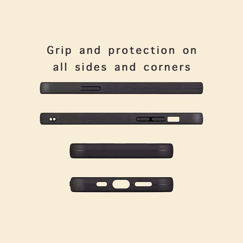 May include: Black phone cases with various designs are displayed against a light beige background. The text "Grip and protection on all sides and corners" is at the top. The cases have cutouts for the camera, buttons, and charging port.