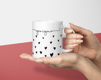 Personalised Ceramic Mug with Falling Black Hearts and Name / Premium Quality Personalised Mug