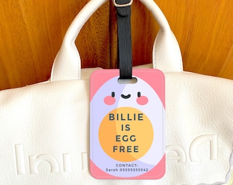 Personalised Egg Free Tag/ Kids Egg Free Travel Tag / Kawaii Allergy Alert Tag / Child's School Egg Free Tag /  No Egg Allergy Label