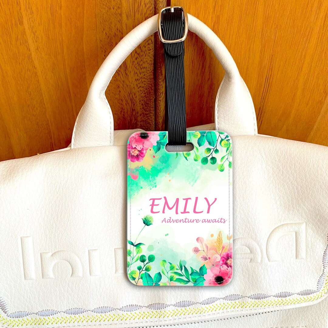 Personalised Floral Bag Tag: PU Leather Luggage Tag, Adventure Awaits ...