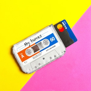 Personalised Mix Tape Cassette Business Card Holder, Oyster Card Holder, Cassette Tape Card Case, Grey Mix Tape Card Wallet, Gift for Men