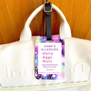 Personalised Food Allergy Tag / Food Allergy Label / Allergy Alert Travel Tag / Allergy Tag / Child&#39;s School Allergy Tag / Purple Sparkle