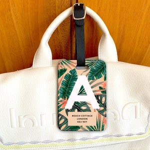 Tropical Leaves Travel Luggage Tag, Personalised with Initials and Address, Travel Gift for Her