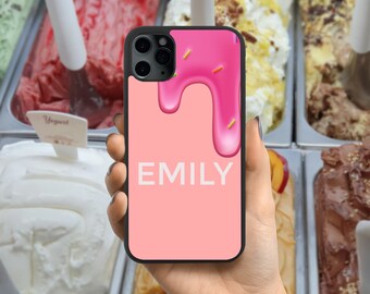 Ice Cream iPhone Case with Pink Sauce and Sprinkles Personalised Name for iPhone 11 12 13 14 15 Pro Max Mini Cute Ice Cream Phone Case