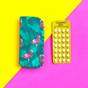 Green Leaves Pink Flamingo Birth Control Pill Case for Contraceptive Pill, Mini Pill Birth Control Case
