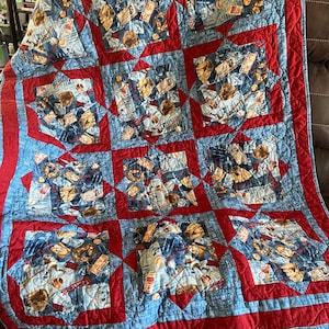 以下が含まれることがあります： 野球をテーマにした手作りのキルト。キルトは、野球関連の画像と赤いボーダーが付いた青色の背景が特徴です。キルトは布製で、キルトのデザインになっています。