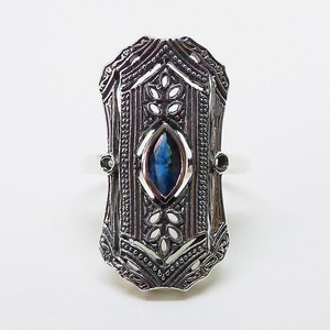 Art Deco Style Sterling Silver Ring Natural Sapphire Victorian Edwardian Engagement Bohemian Gemstone Bridal September Birthstone Filigree