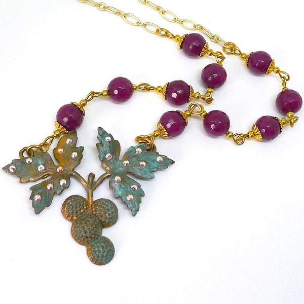 Luscious // Cranberry Jade Necklace w/ Verdigris Berries & AB Swarovski Crystal Dewdrops Gold Nature Boho Earthy Boheme Gypsy Witch Shabby
