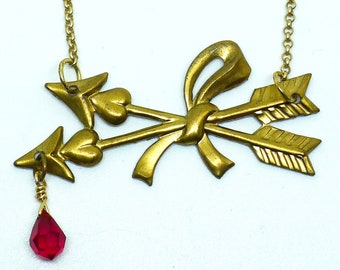 Sacred Crossed Arrows Necklace // Vintage Brass REAL Garnet Blood Drop, Gold Plated Chain Best Friends BFF Love Romance Victorian Pinup Goth
