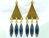 Montana Fringe Geometric Minimalist Chandelier Fringe Earrings on Brass Triangles w 1950s Navette Shaped Crystal Gems, Boheme Retro Deco