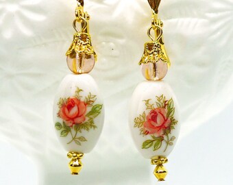 Rose Chic // Porcelain Pink Rose Painted Earrings w/ Vintage and Gold Vermeil Beads, Cottagecore Cottage Chic Shabby Romantic Boheme Retro