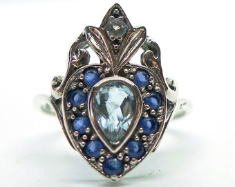 Amazing Sacred Heart Ring Aquamarine & Sapphire Sterling Silver Sz 6 Gemstone Victorian Nouveau Memento Mori Boho Art Deco Engagement Bride