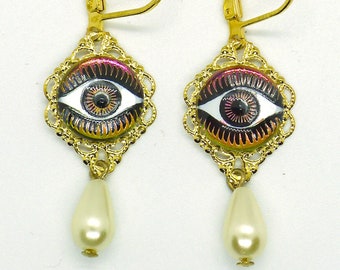 Eye Love You // Vintage Glass Intaglio Cameo Eye Earrings Hand Painted Metallic Iridescent Vintage Pearl Teardrops Witch Evil Eye Third Eye