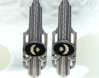 Deco Crescent // Silver Art Deco-hängörhängen med 1920-tals jetglas med infälld halvmåne och stjärna, Flapper Moonchild Papermoon-häxa