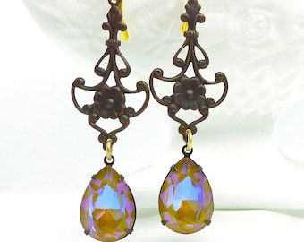 Topaz Jewels // 1950s Swarovski Drop earrings w/ Blackened Brass Floral Chandeliers Gold Bohemian Boheme Flapper Shoulder Dusters Victorian