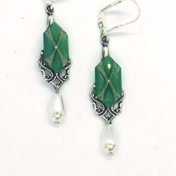 Emerald Drops // 1930s Green Glass Marcasite Silver Plated & Pearl Drop Earrings Art Deco Flapper Boheme Wedding Holidays May Birthstone