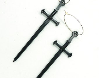 Two of Swords // Long Shoulder Duster Black Sword Earrings Dangle Goth Gothic Gothcore Fantasy Cosplay Glam Witchy Witchcore Witch Gypsy