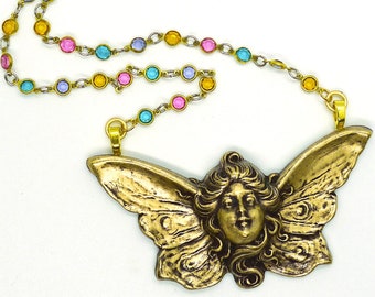 Fairy Woman // Art Nouveau Style Goddess w/ Butterfly Wings Pastel Crystal Chain Victorian Cottagecore Boheme Bohemian Faerie Victorian Deco
