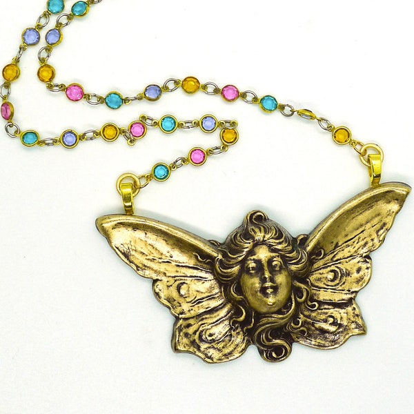 Fairy Woman // Art Nouveau Style Goddess w/ Butterfly Wings Pastel Crystal Chain Victorian Cottagecore Boheme Bohemian Faerie Victorian Deco