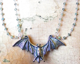 Labradorite Bat Collar // Sterling Silver Plated Bat Necklace w/ Real Gems Draped Beaded Multiple Chains Rosary Halloween Gothic Goth Unisex