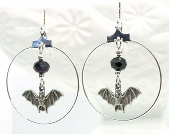 Silver Bat Hoops // Silver Plated Hoops with Little Vintage bats, Jet Black Czech Glass & Halloween Spooky Goth Gothic Gothcore Noir Macabre