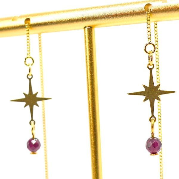 Star Hangers // 18k gold Ear Threader Earrings w/ Atomic Stars & Faceted Garnet Stones Celestial Minimalist Shoulder Dusters Bohemian Gypsy