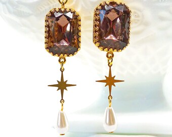 Atomic Amethyst // Gold Vermeil Earrings w/ 1950s Light Amethyst Swarovski Crystals Star Pearl Teardrop Boheme Gothic Bridal Bridesmaid Deco