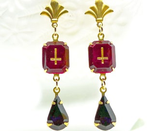 Luciferian Drops // Stunning 1950s Red Glass Inverted Cross Gem Earrings w/ Jet Swarovski Crystal Gothic Goth Pagan Occult Witchy Witchcraft