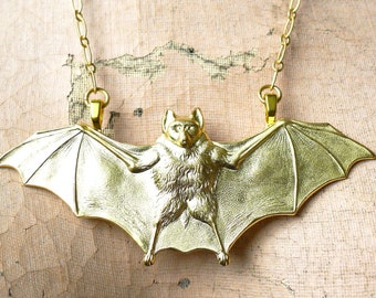 Gold Batty // Large Gold Bat Necklace on Gold Plated Chain, Goth Halloween Oddity Witch Victorian Vampire Occult Vamp Rockabilly Pinup Ghoul