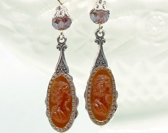 Carnelian Cameos // 1940s Glass Cameo Drop earrings w/ Faux Hematite on Silver Czech Fire Polished Glass Beads Sterling Hooks Retro Art Deco