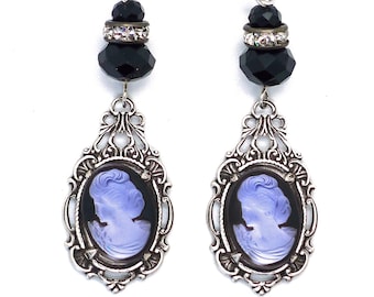 Blue Haze // 1940s Vintage Blue & Black Cameo Earrings w/ Jet Glass Swarovski Crystal Art Deco Midcentury Retro Gothic Bridal Bridesmaid Fun